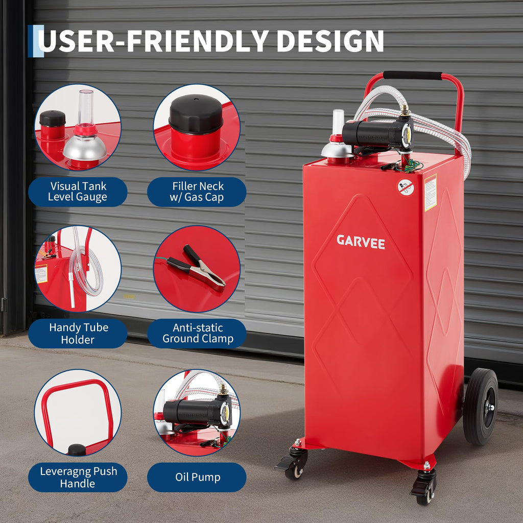 Garvee 35 Gallon Fuel Caddy with 12V Electric Pump, Heavy Duty Portable Diesel Storage Tank, 4 Wheels, Lockable Cap, Red for Cars Boats ATVs Lawn Mowers (Diesel Only)