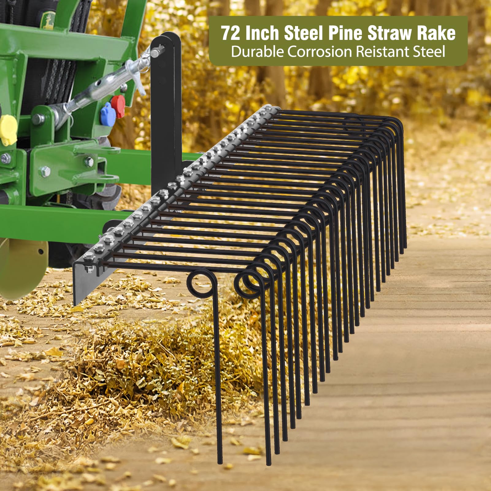 Garvee 72" Pine Straw & Landscape Rake – 30 Coil Spring Tines, Powder-Coated Steel Tow-Behind with 3-Point Hitch for Category 0 & 1 Tractors (Leaves, Grass, Debris)