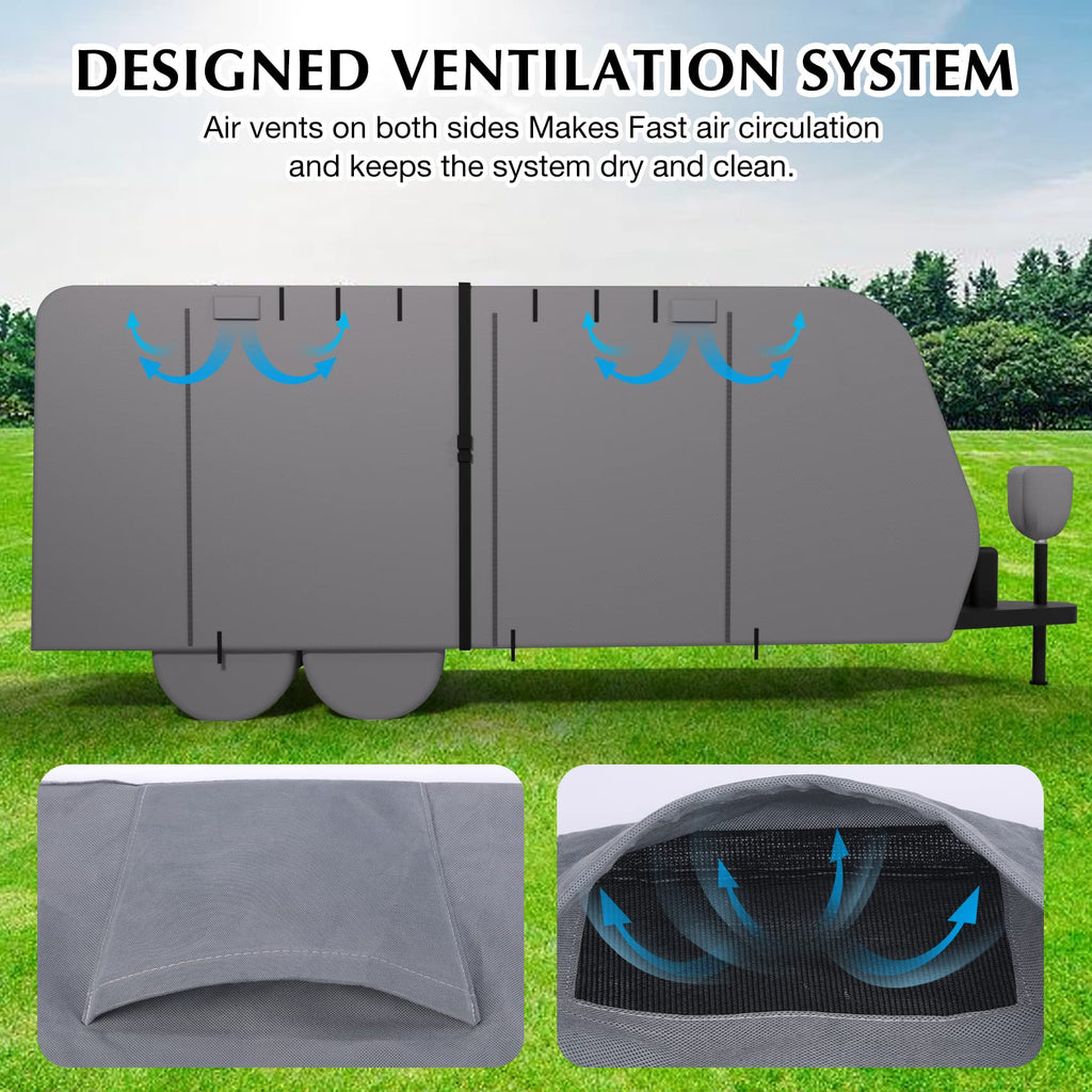 Garvee Travel Trailer Cover 24-27FT, 7-Layer Waterproof, Breathable, Windproof, Tear-Resistant, UV Protection, with Gutter, Tire & Jack Covers, Gray