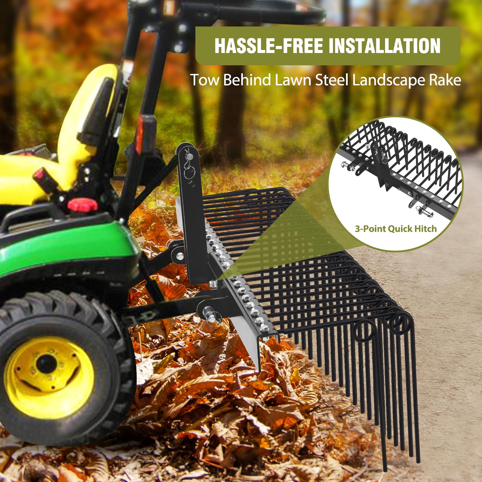 Garvee 72" Pine Straw & Landscape Rake – 30 Coil Spring Tines, Powder-Coated Steel Tow-Behind with 3-Point Hitch for Category 0 & 1 Tractors (Leaves, Grass, Debris)