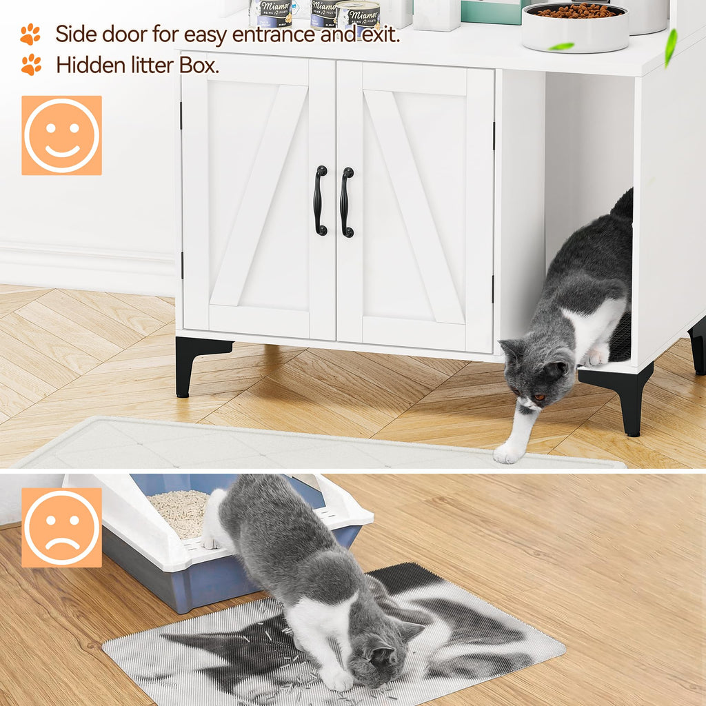 Garvee Cat Litter Box Enclosure, Modern Hidden Cat Litter Box Furniture with 4-Tier Storage Shelves, 2 Cabinets, Cat Litter Mat, Large Wood Indoor Cat House Furniture for Home, White