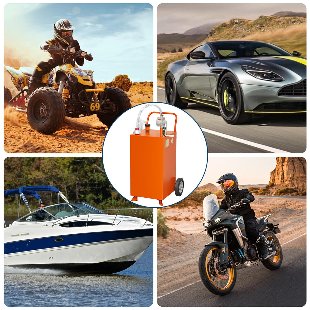 Garvee 45 Gallon Fuel Caddy, Stainless Steel Portable Tank with Two-Way Pump, 9.8 ft UV Hose Anti-Static Gauge 2 Wheels, for Car Lawn Mower ATV Boat, Orange