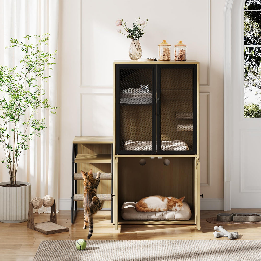 Garvee Cat Litter Box Enclosure With Doors, Double Cat House, Storage Space, Ladder, Burlywood, 22.6"L x 17.7"W x 10.9"H