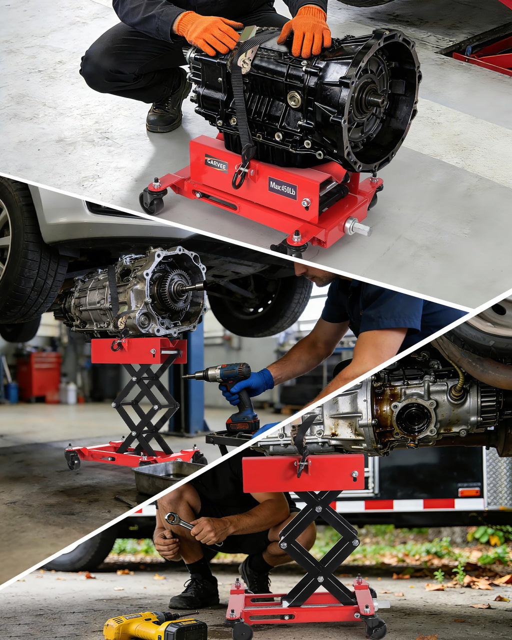 Garvee 450 lbs Low-Profile Transmission Jack, Adjustable Floor Jack with Safety Strap, Heavy-Duty Auto Repair Lifting Jack with 4 Wheels for Garage and Repair Shop, Red