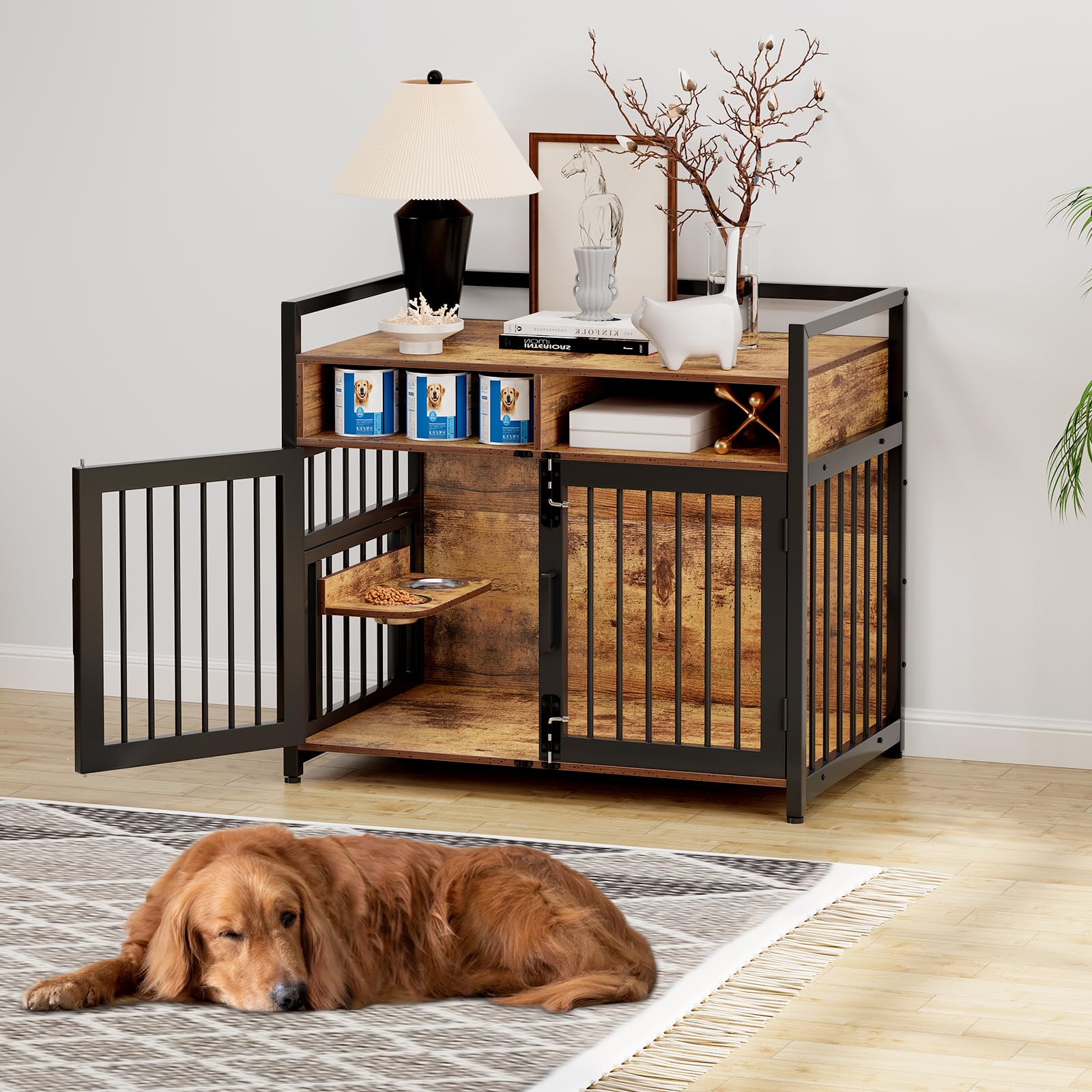 Garvee Dog Crate Furniture With 2 Drawers, Wooden Dog Kennel Indoor, Adjustable 360° Stainless Steel Feeder, Rustic Brown, Small Medium Dogs