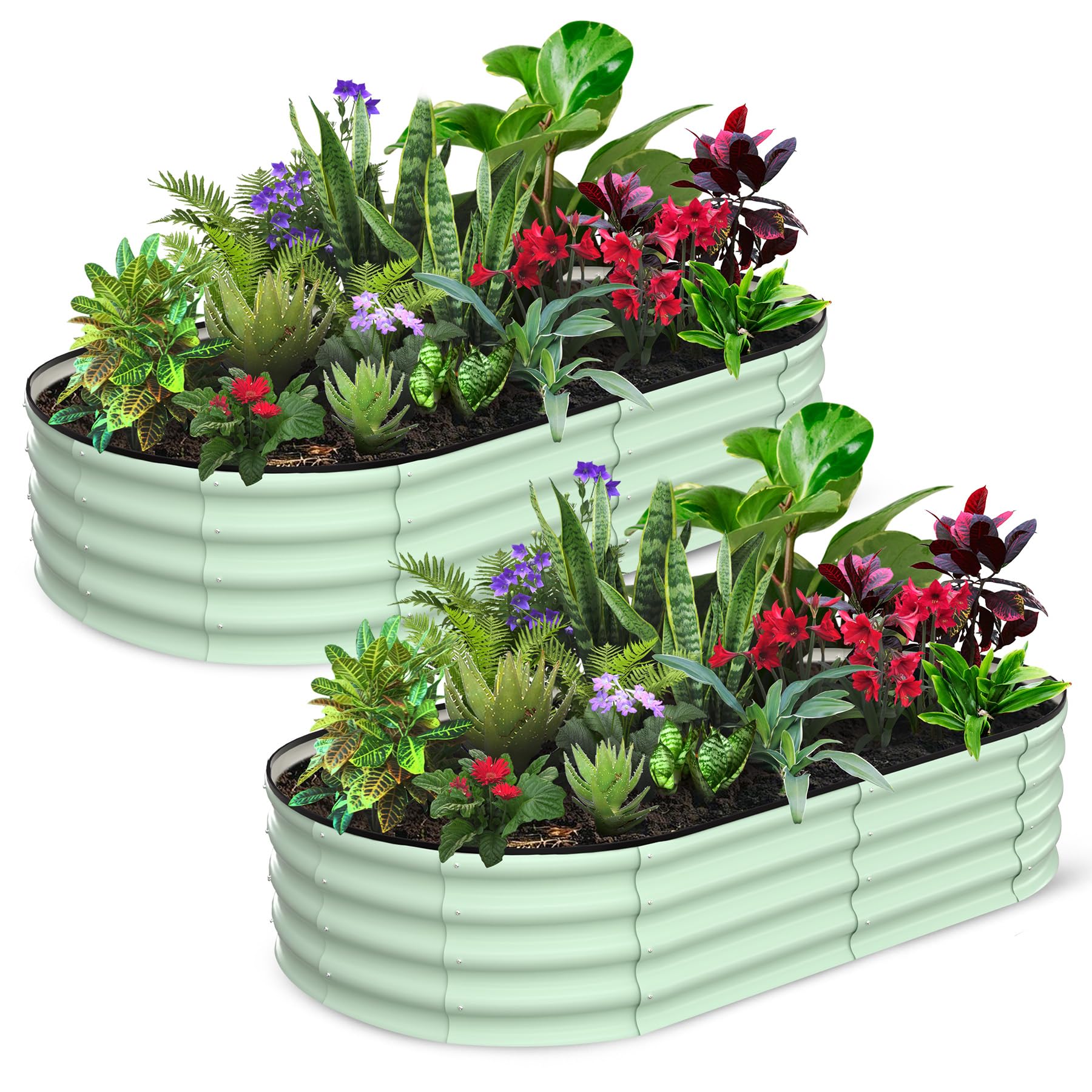 Garvee 2-Pack 6'x3'x1' Oval Galvanized Raised Garden Beds - Open Base, Large Metal Planter Boxes for Vegetables & Flowers, Tool-Free Assembly, Green