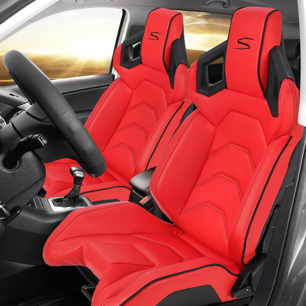 Garvee 1 Piece Universal Racing Seats with Dual Lock Sliders, PU Leather, Racing Bucket Seats, 23.6"×19.7"×37.4", Red+Black Stitching Racing Seat, Passenger Side,Red