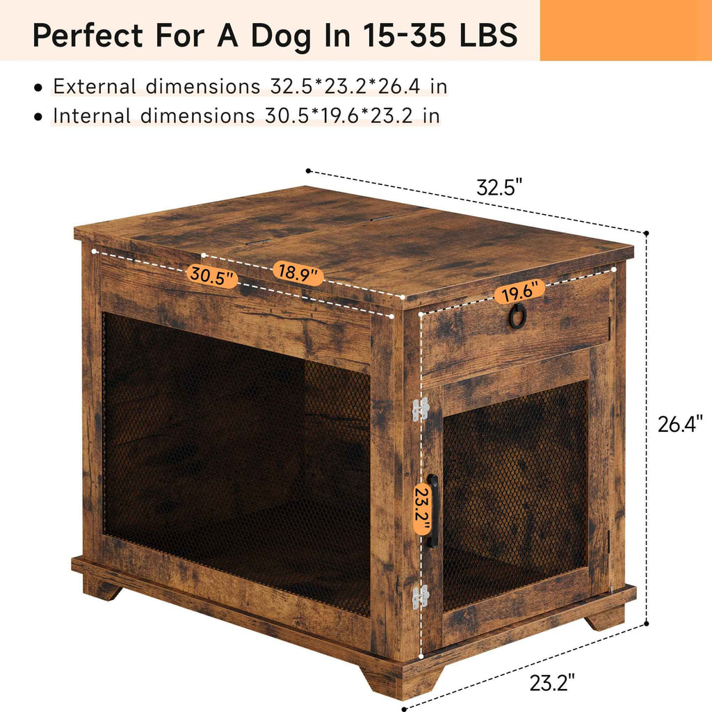 Garvee Furniture Style Dog Crate with Pocket Hiding Door, Lockable End Table, Rustic Brown, Flip Top, 32” for Small Dogs