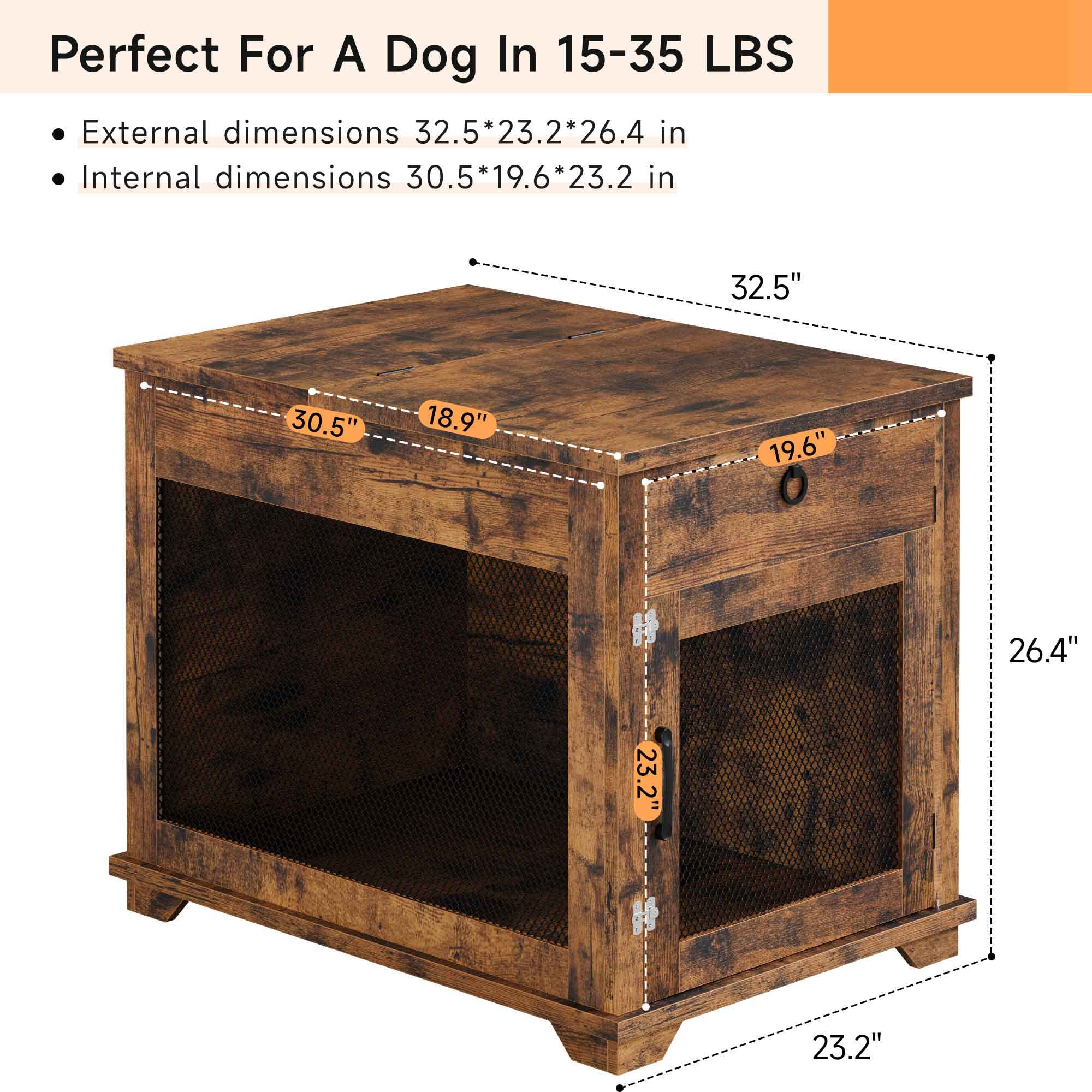 Garvee Furniture Style Dog Crate with Pocket Hiding Door, Lockable End Table, Rustic Brown, Flip Top, 32” for Small Dogs