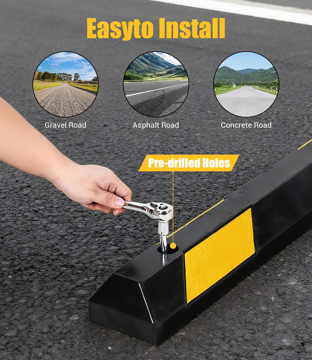 Garvee 2-Pack 72" Rubber Parking Curb - Heavy-Duty Parking Stopper with Reflective Stripes, Durable Wheel Stoppers for Garage, Driveway, Warehouse, and Parking Lots