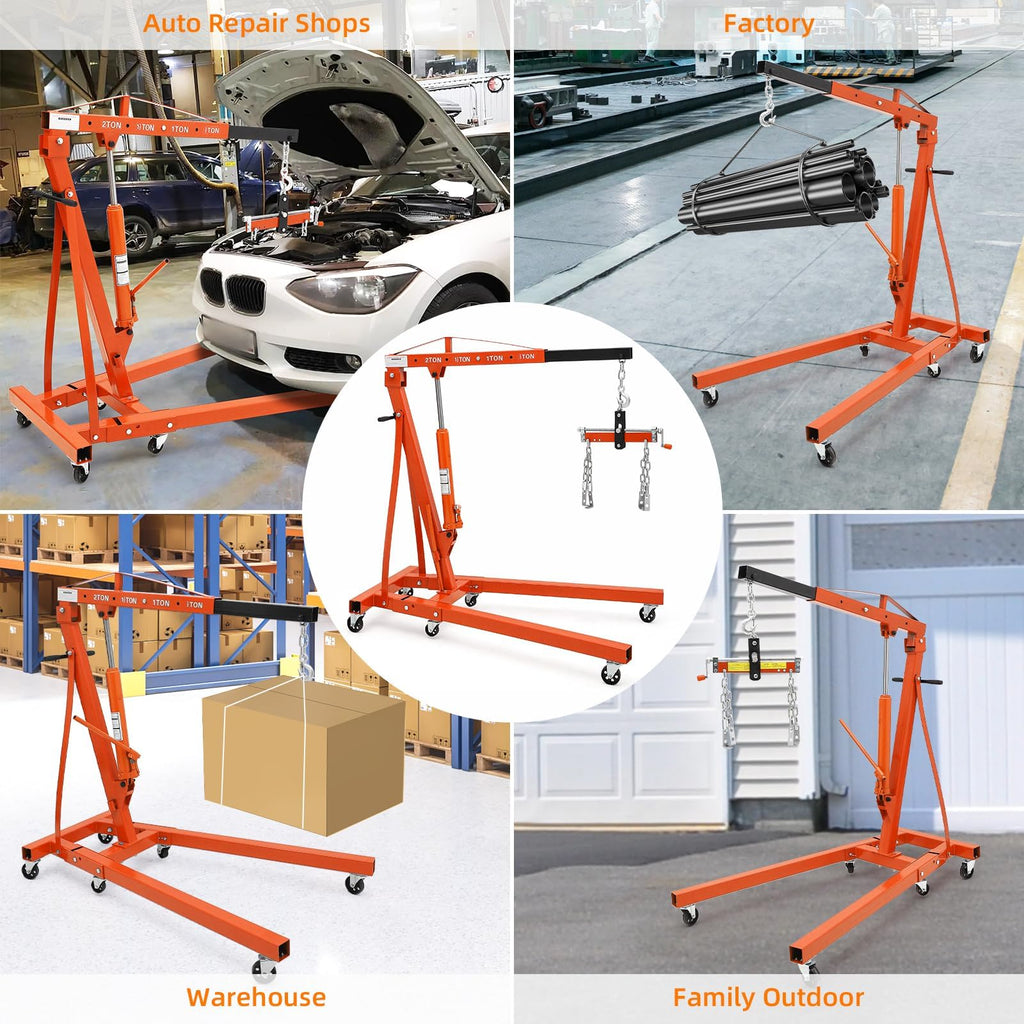 Garvee Folding Hydraulic Engine Hoist with Lever, 2T 4400 LBS Cherry Picker Engine Lift, Hydraulic Tilting Shop Crane, 6 Iron Caster Wheels, Telescopic Boom, Orange