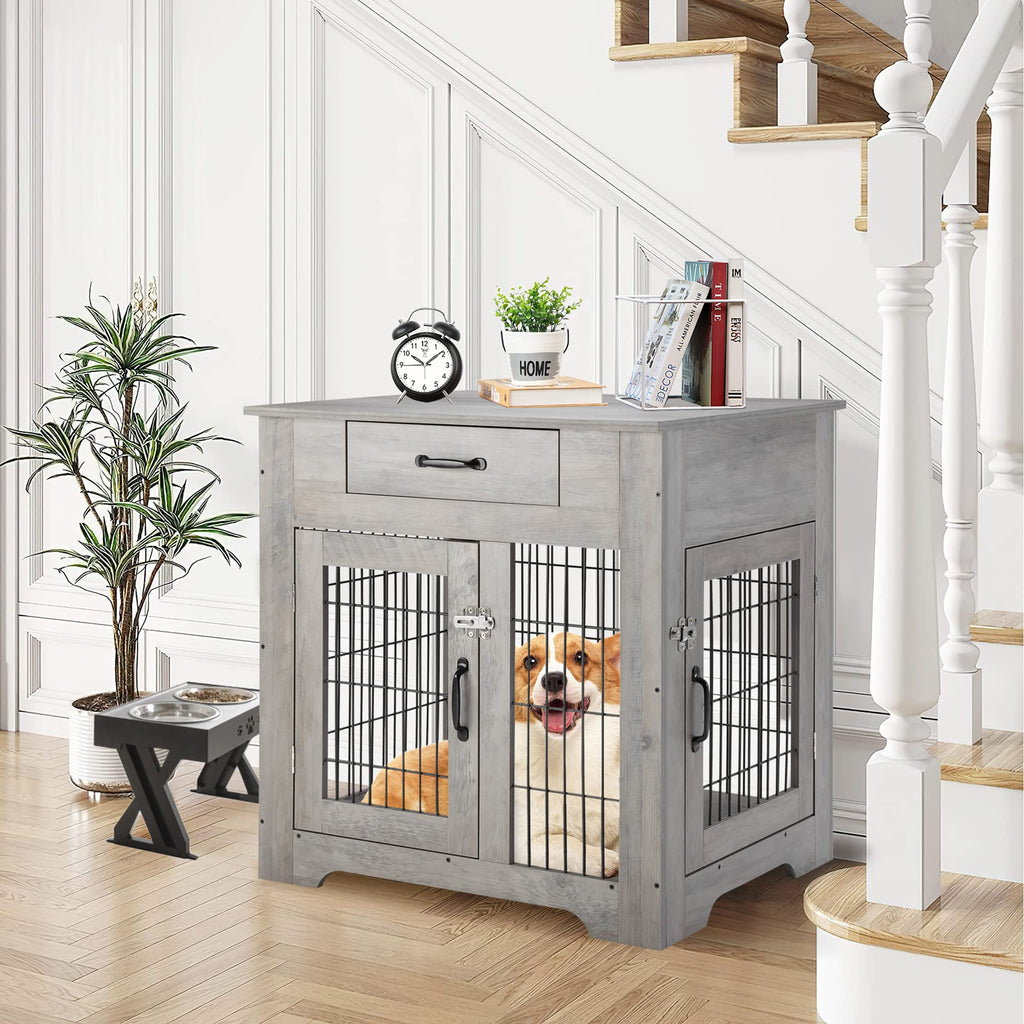 Garvee Wood Look Dog Crate End Table with Drawer, Chew-Proof Metal Fence, Indoor Pet Crate, Grey, Suitable for Small Dogs