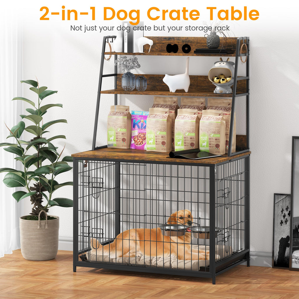 Garvee Wooden Dog Crate Furniture with Storage Shelves, Removable Tray, Double Doors, Adjustable Bowls and Flip-up Top, Brown
