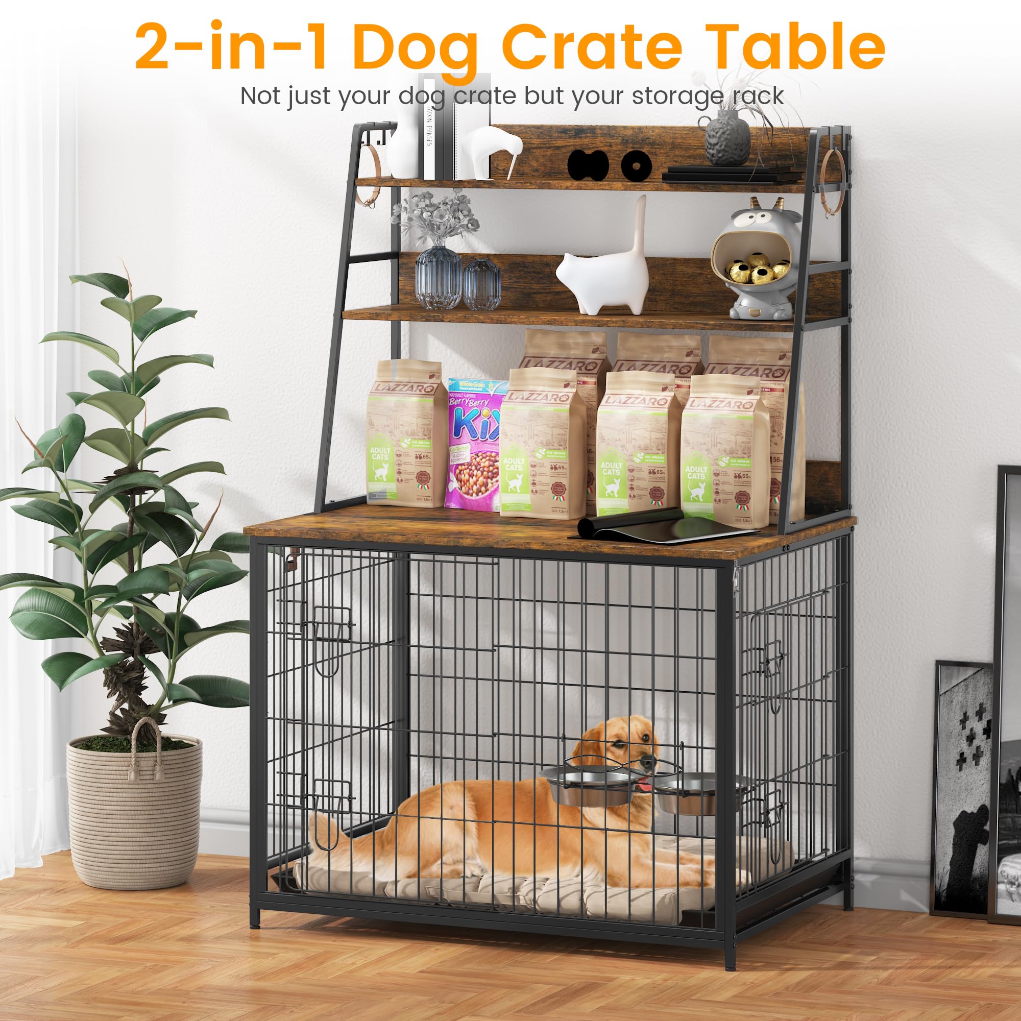 Garvee Wooden Dog Crate Furniture with Storage Shelves, Removable Tray, Double Doors, Adjustable Bowls and Flip-up Top, Brown