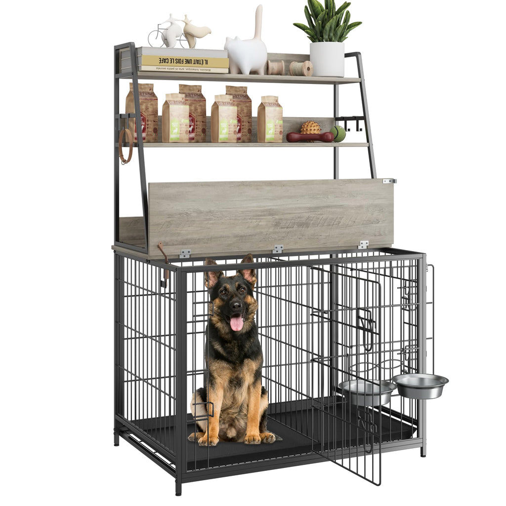 Garvee Wooden Dog Crate Furniture with Storage Shelves, Removable Tray, Double Doors, Adjustable Bowls and Flip-up Top, Grey