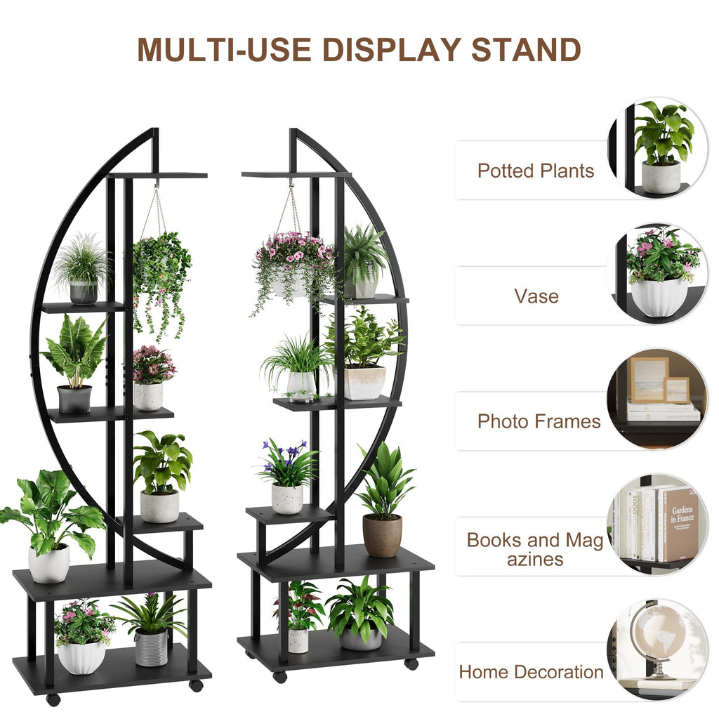 Garvee 2 Pack 6 Tier Tall Plant Stand Metal Indoor + Half Moon Design + Detachable Wheels + Drawers + 12 Pot Stands + Home Patio Lawn Garden