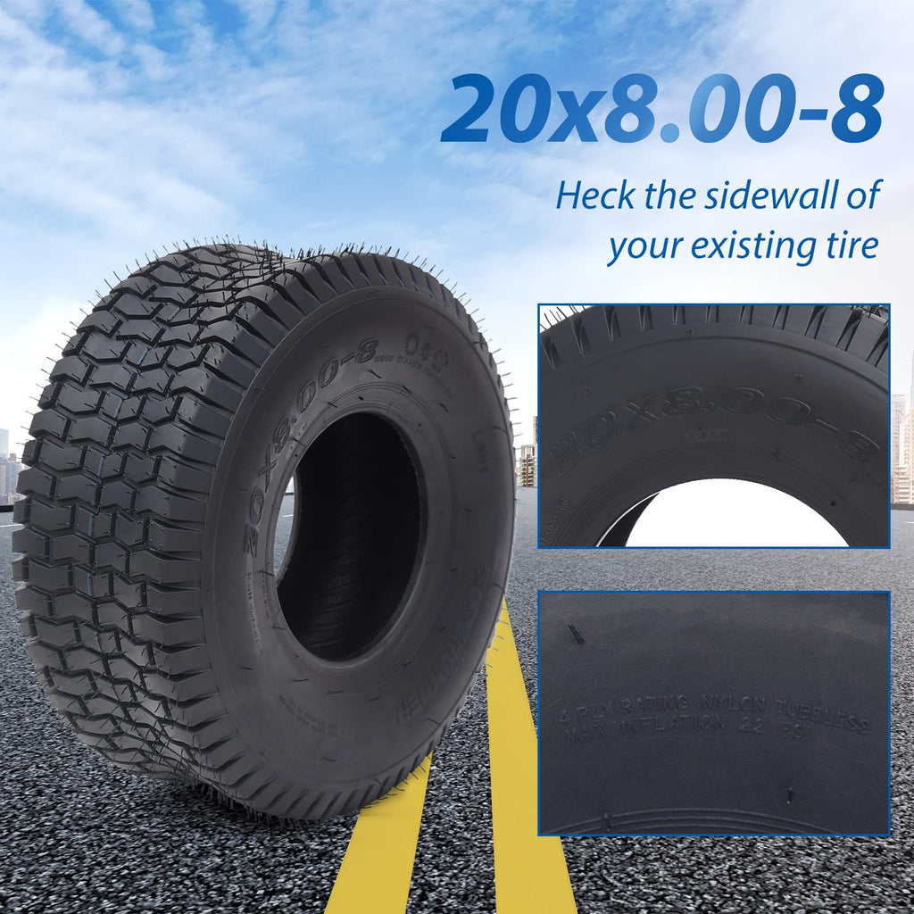 Garvee Lawn Mower Tires Turf Tires 20x8.00-8 4PR for Golf Cart Tires, Garden Tractor Riding Mower Tubeless Set of 2