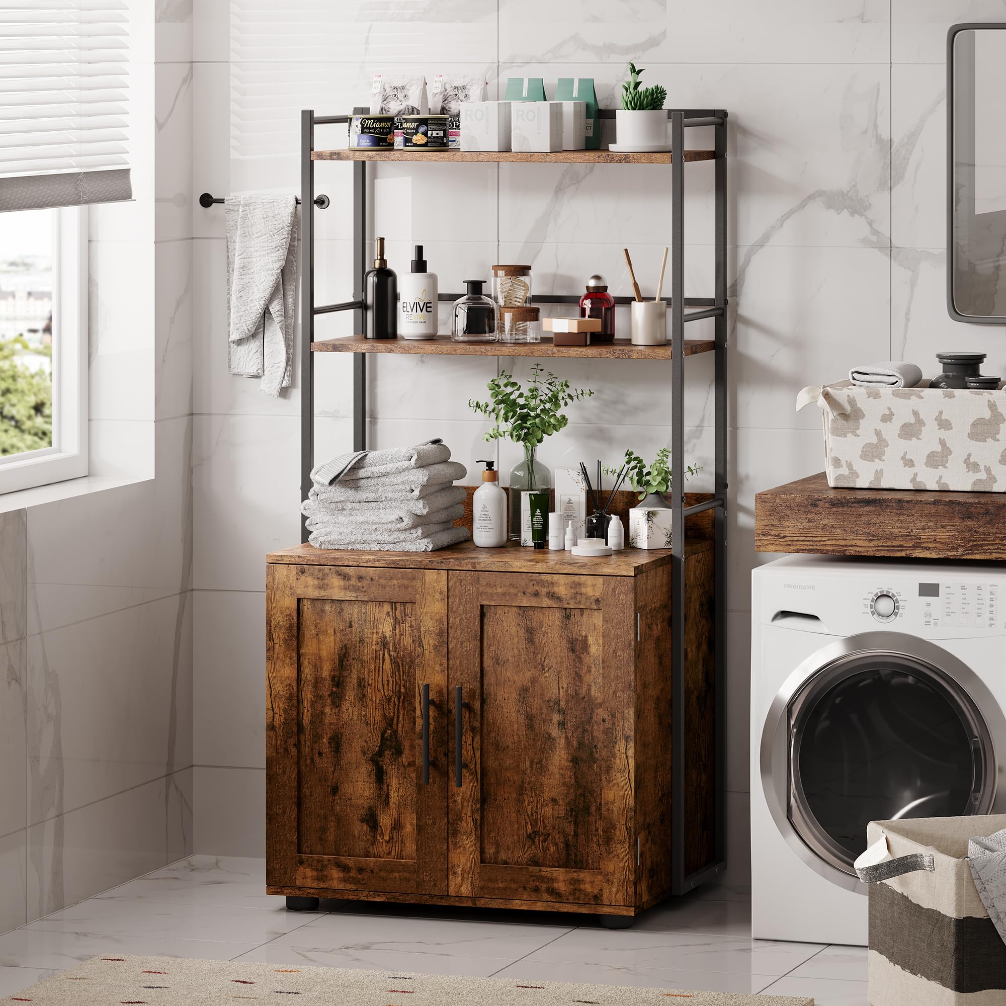 Garvee Cat Litter Box Enclosure + Hidden Cat Washroom + MDF Panel + 3 Shelves + Door + Indoor Cat Cabinet + Brown