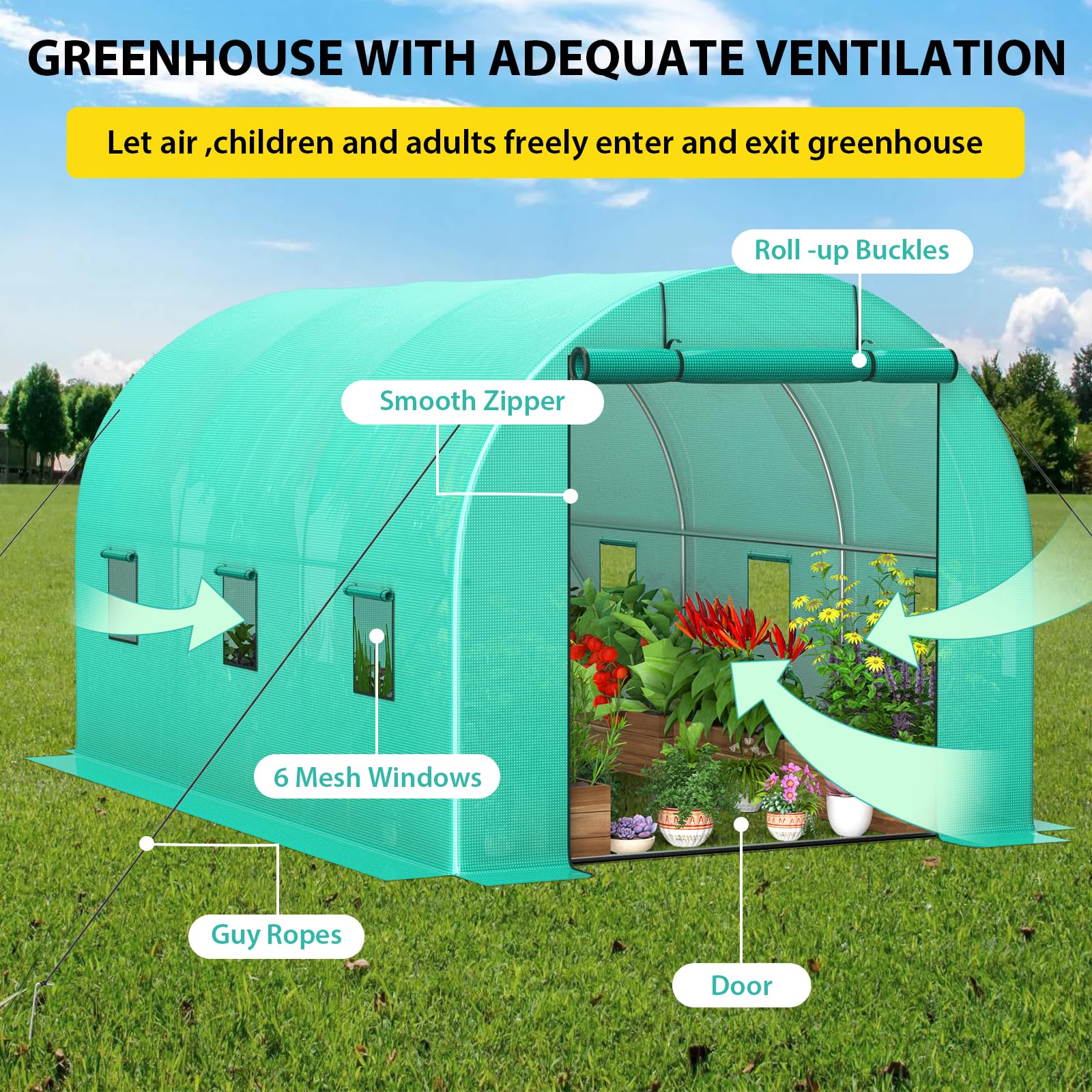 Garvee 13'x8'x7' Walk-In Tunnel Greenhouse Hoop House with Galvanized Steel Frame, 140g/m² Green PE Cover, Roll-Up Zipper Door & 6 Windows