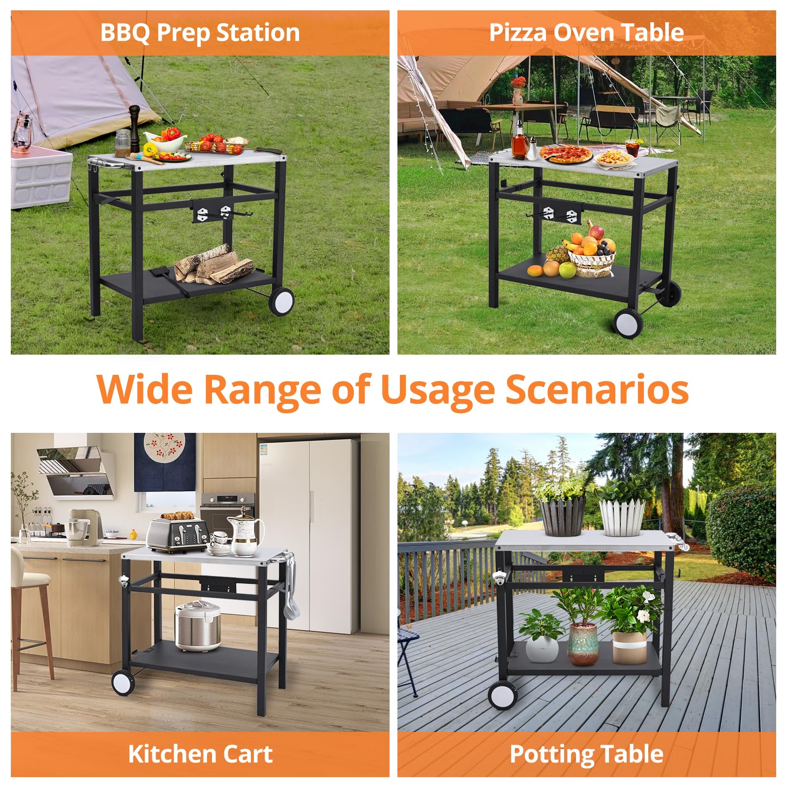 Garvee Outdoor Grill Cart with Wheels & Hooks for Pizza Oven – Portable Stainless Steel Utility Table, Prep Station, Silver