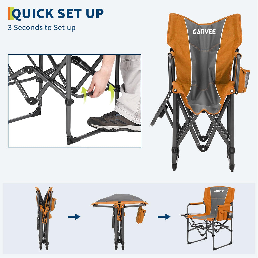 Garvee Oversized Directors Camping Chair Portable Folding Chair with Side Table for Camping Sports Picnic Beach Fishing Orange 400 lbs