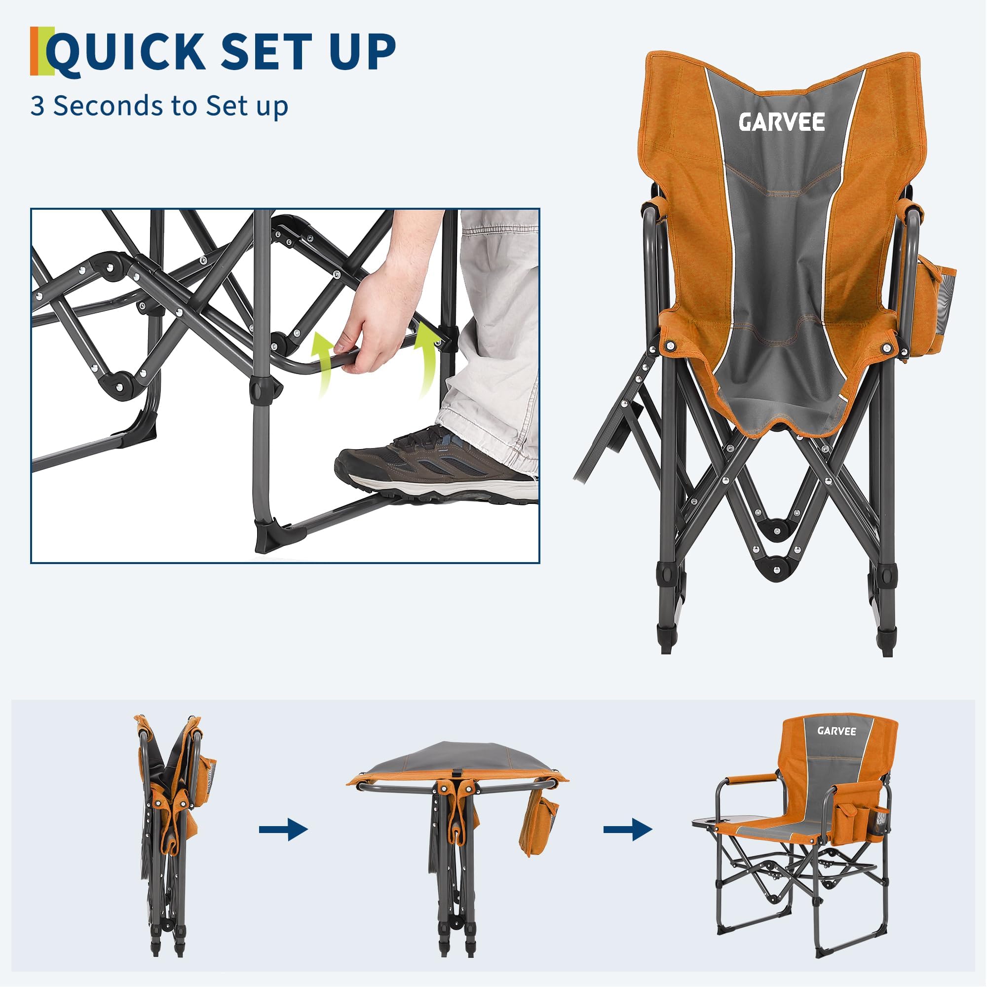 Garvee Oversized Directors Camping Chair Portable Folding Chair with Side Table for Camping Sports Picnic Beach Fishing Orange 400 lbs