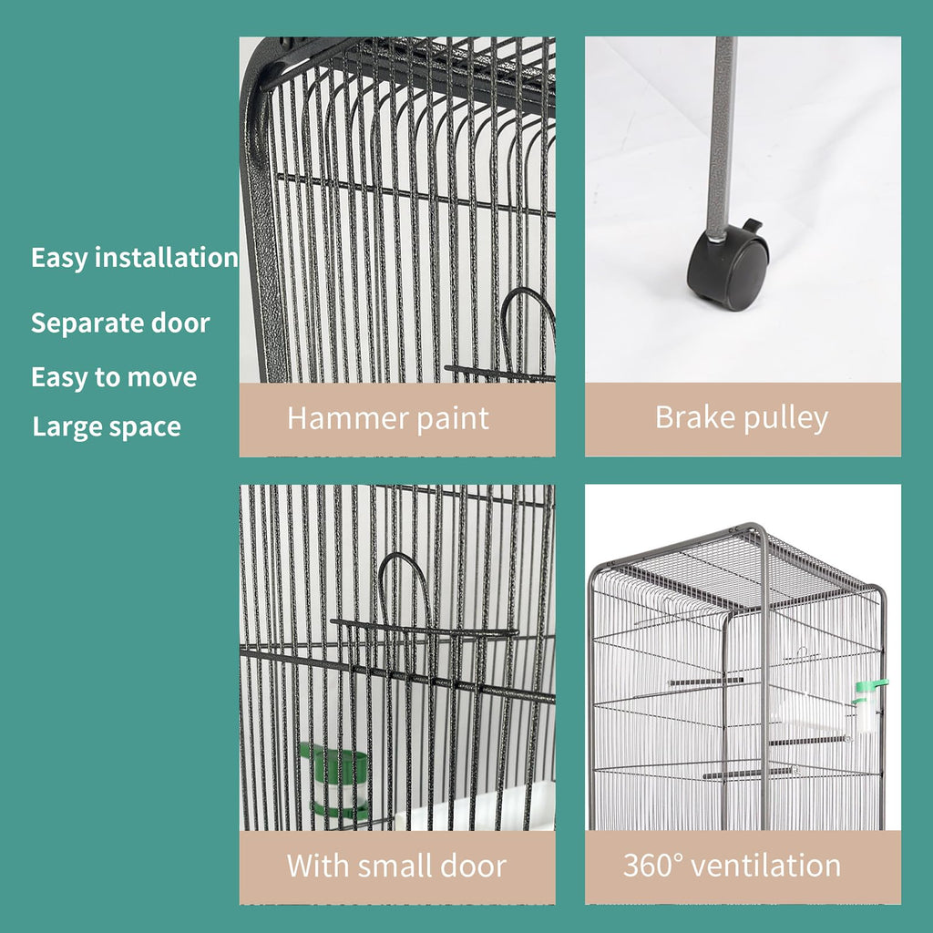 Garvee Steel Bird Cage With Rolling Stand Plastic Feeder PP Slide-out Tray Large Flight Cage For Parrots Parakeets Cockatiels Pigeons Lovebirds Antique Gray
