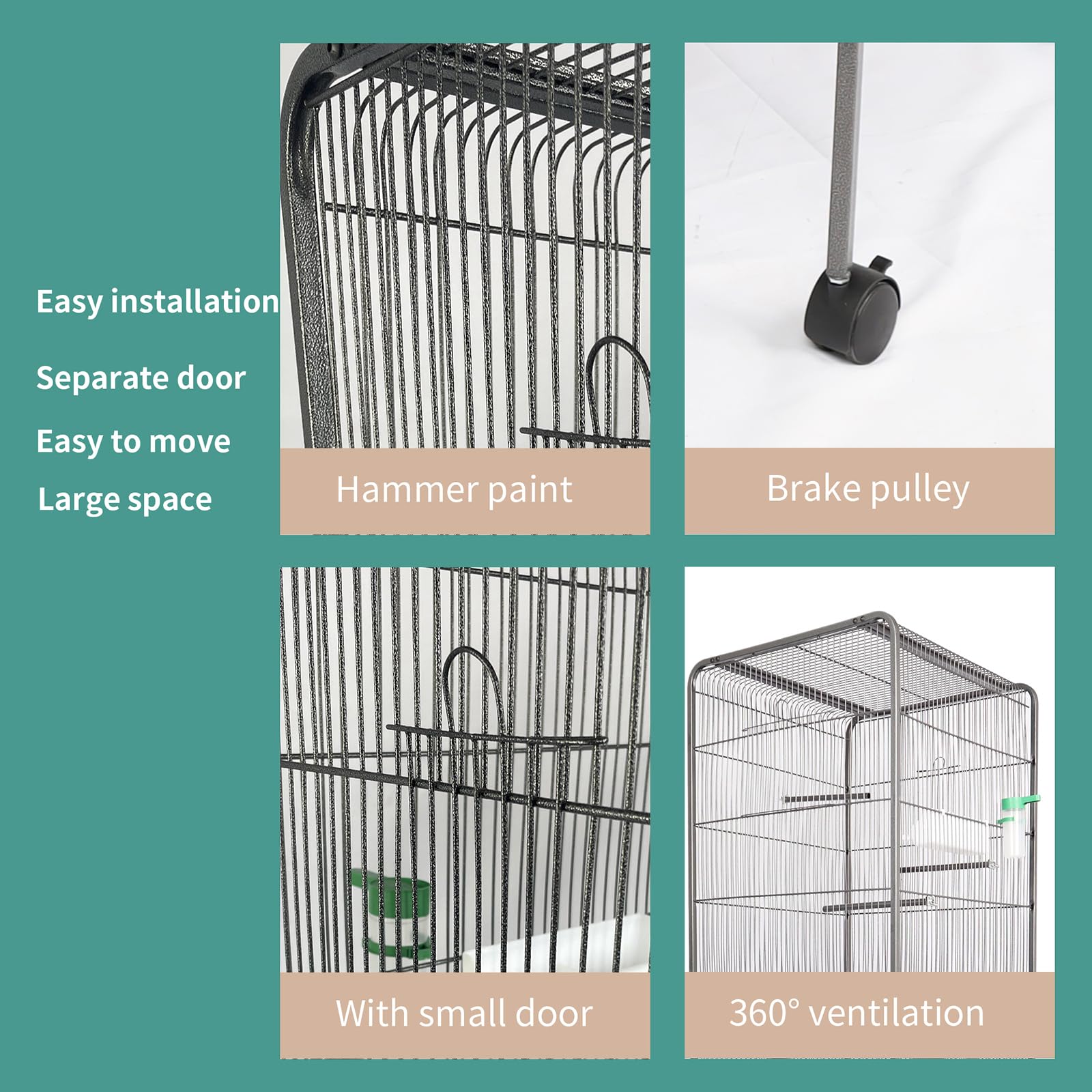 Garvee Steel Bird Cage With Rolling Stand Plastic Feeder PP Slide-out Tray Large Flight Cage For Parrots Parakeets Cockatiels Pigeons Lovebirds Antique Gray