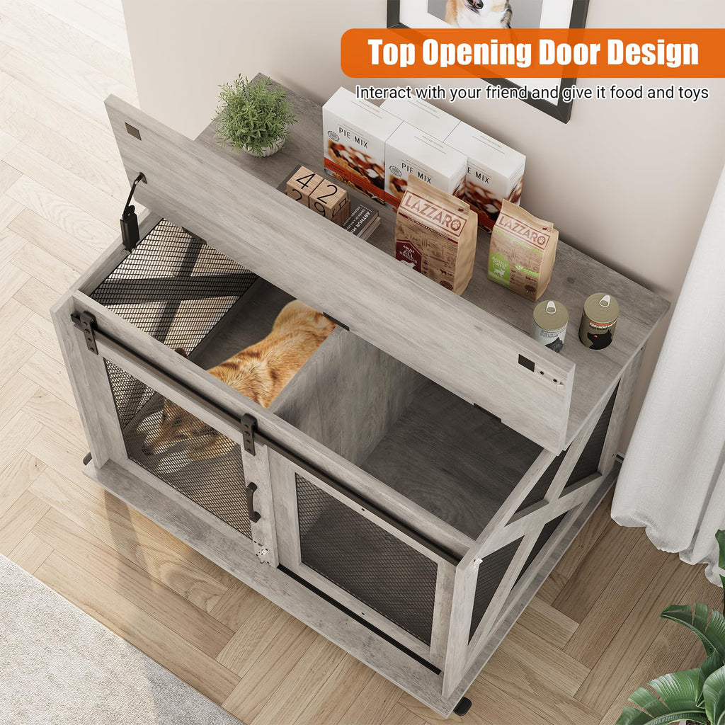 Garvee Dog Crate Furniture with Sliding Barn Door, Flip Top Furniture Style Dog Crate End Table with Wheels, Indoor Dog Kennel House with Removable Divider, Gray