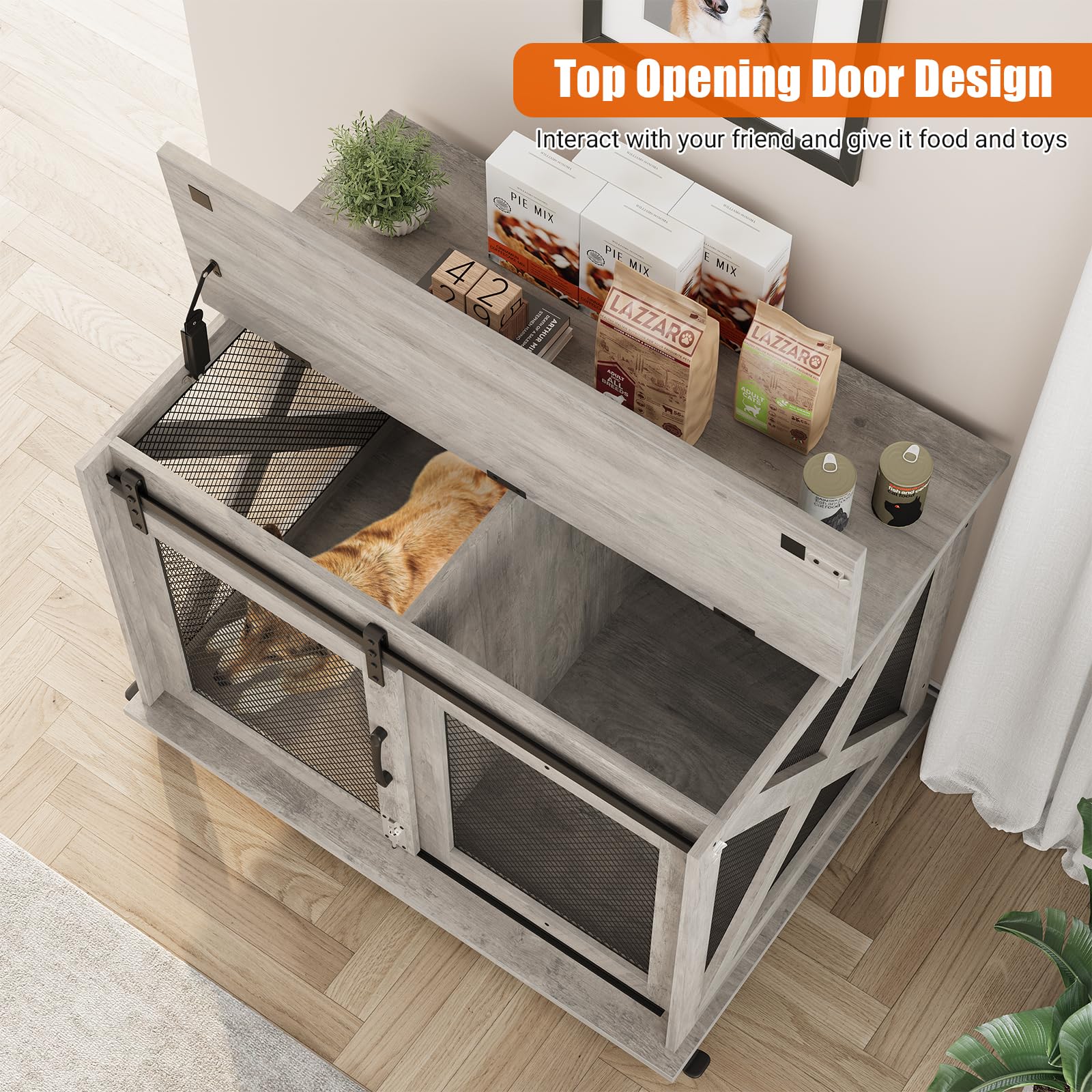 Garvee Dog Crate Furniture with Sliding Barn Door, Flip Top Furniture Style Dog Crate End Table with Wheels, Indoor Dog Kennel House with Removable Divider, Gray