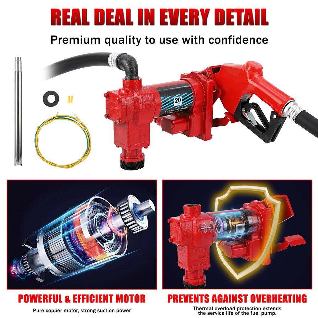 Garvee Fuel Transfer Pump 20 GPM 1/4 HP, 12 Volt DC Fuel Pump, Diesel Transfer Pump with Automatic Nozzles, Gasoline Transfer Pump with Emission & Suction Hoses for Gasoline, Diesel, Kerosene