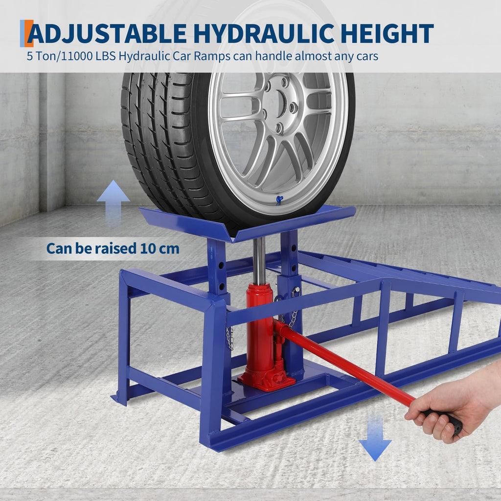 Garvee 2-Pack Hydraulic Car Ramps, 5T/11000 lbs Capacity Low-Profile Car Lift with Adjustable Height (9.4"-13.34") for Trucks, Trailers, and Auto Repair in Garage, Blue