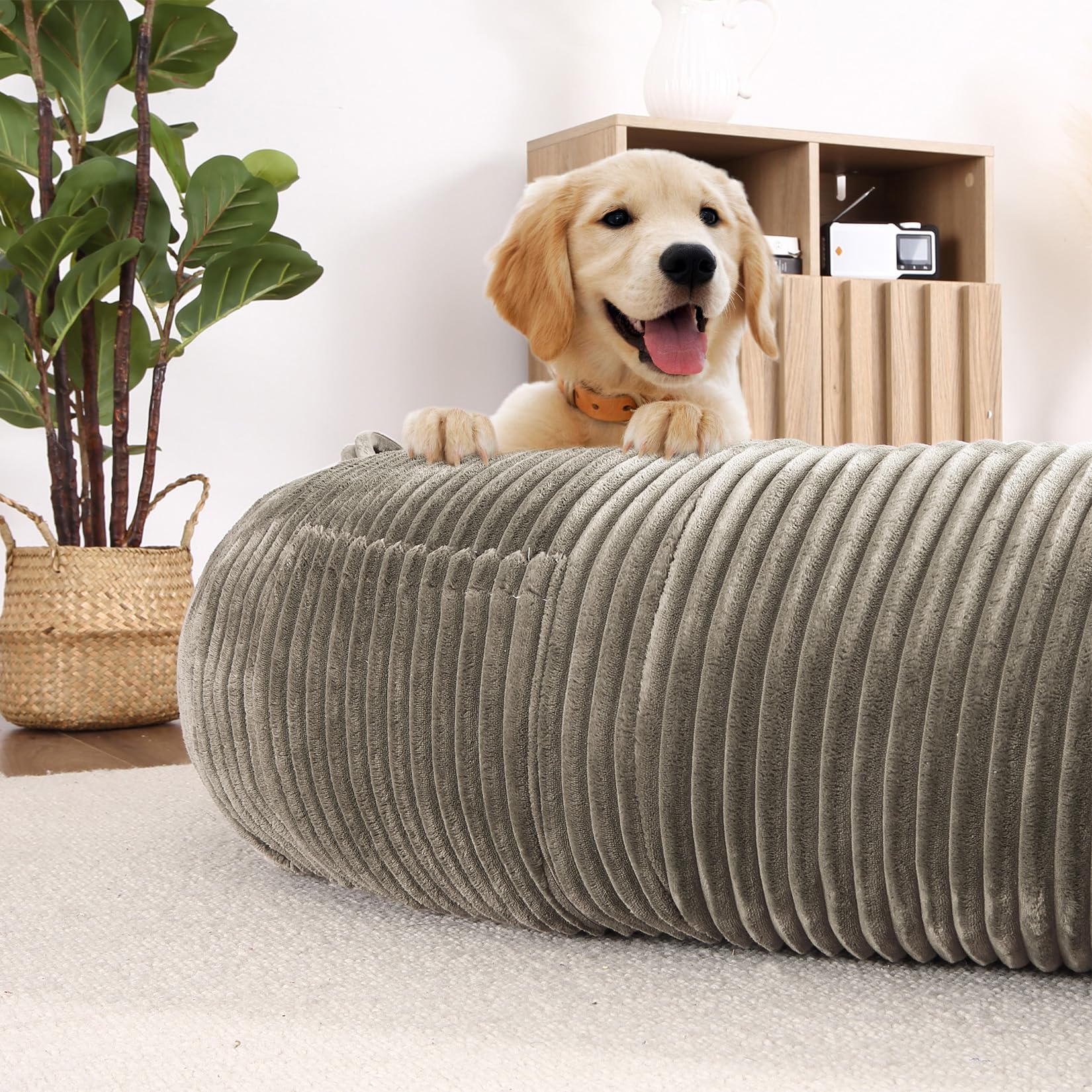 Garvee Dog Bed for Adult, Human Size Giant Dog Bed for Men and Women, 71”x48”x14” Human Dog Lazy Sofa Bed for People and Pets, Washable Strip Flannel Nap Bed Adult Oval, Human-Sized Dog Bed,Brown