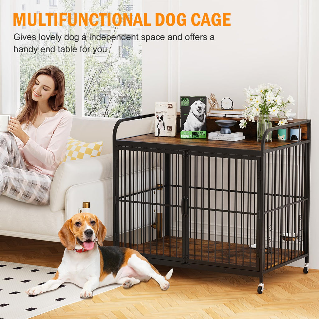 Garvee Wooden Dog Crate Furniture End Table with Adjustable Height & 360° Rotating Feeder, Heavy Duty Dog Crate with 360° Wheels, Dog Kennel Indoor, Large