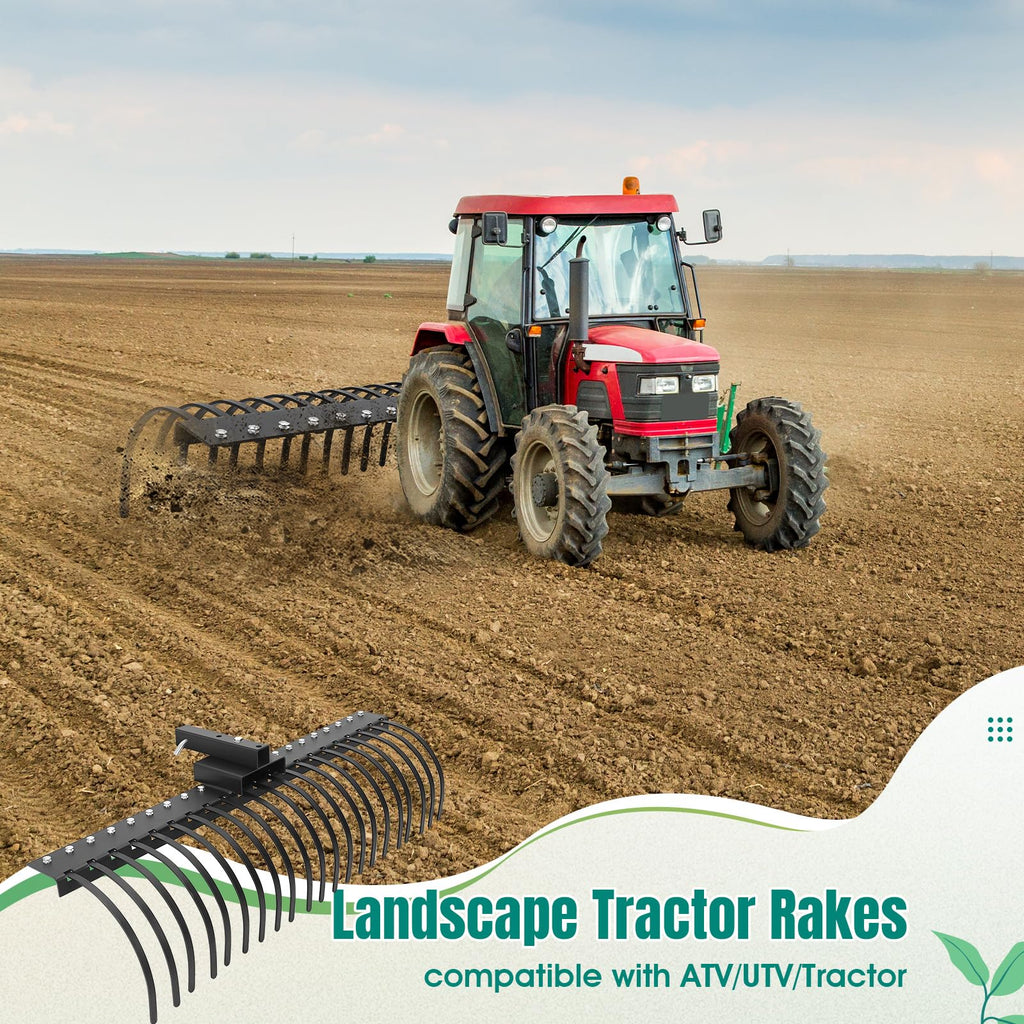 Garvee 60 Inch Landscape Rock Rake,3 Point Attach Rake Fit for 2 Inch Receiver with 360 Degree Rotation,Tow-Behind Garden Tool for Compact Tractors, Category 1