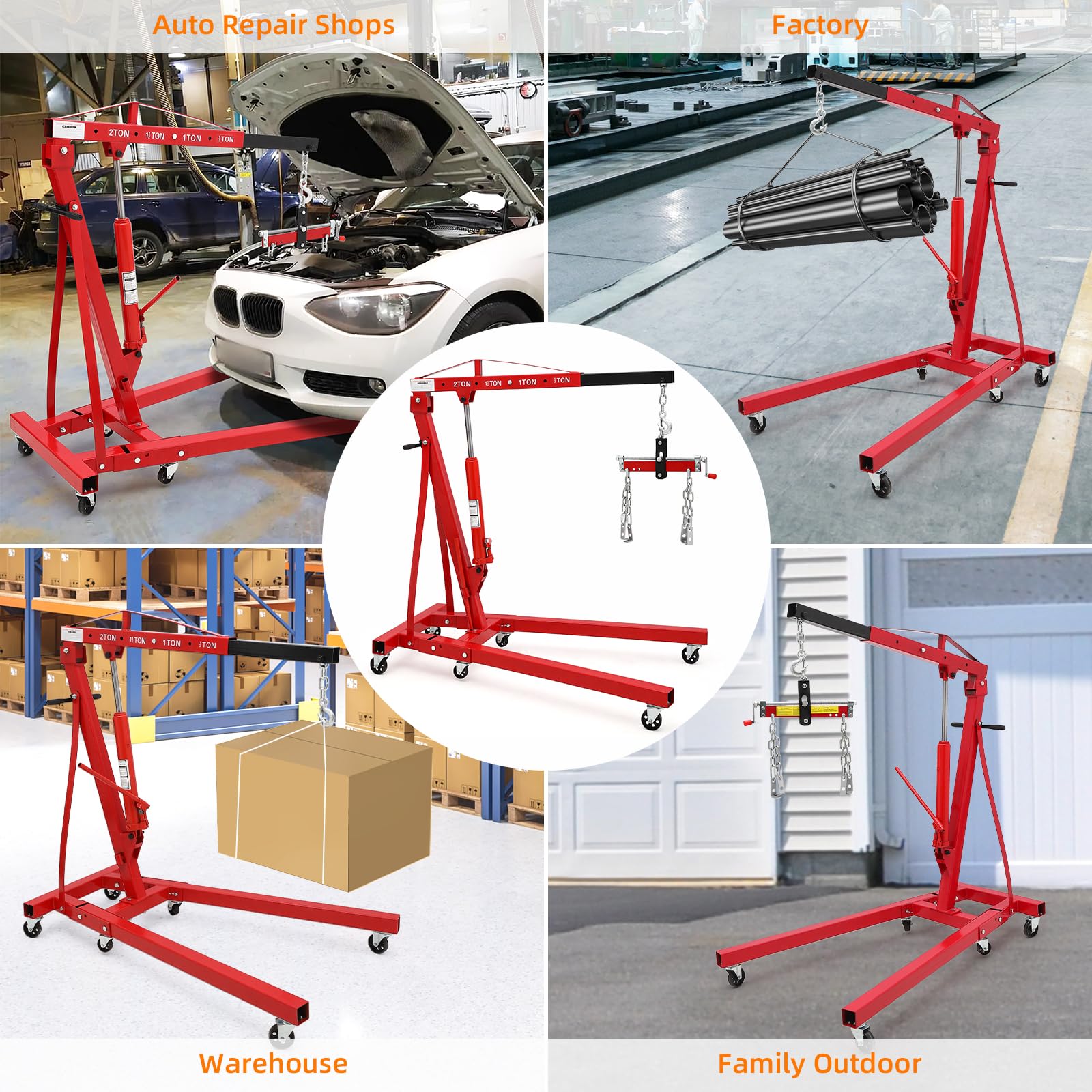 Garvee 2 Ton Folding Hydraulic Engine Hoist with Lever, Folding Engine Shop Crane Hoist Lift, Heavy Cherry Picker with 6 Wheels for Garage, Workshop,Red