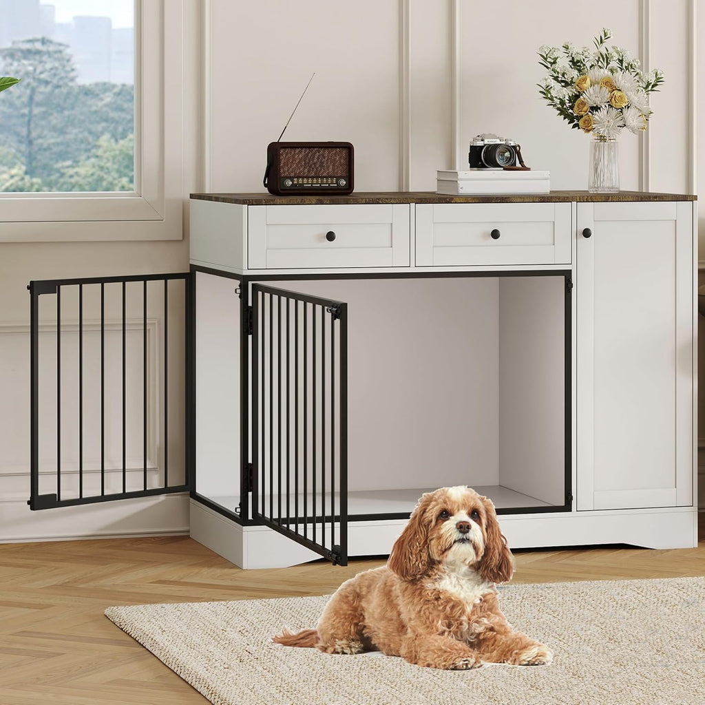 Garvee Farmhouse Dog Crate Furniture, 47" Modern Indoor Kennel with Double Doors, TV Stand & Buffet Cabinet, Dog Cage End Table with 2 Drawers & Storage for Small & Medium Dogs