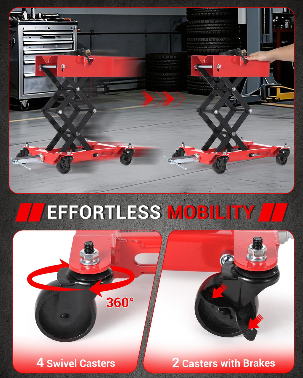 Garvee 450 lbs Low-Profile Transmission Jack, Adjustable Floor Jack with Safety Strap, Heavy-Duty Auto Repair Lifting Jack with 4 Wheels for Garage and Repair Shop, Red