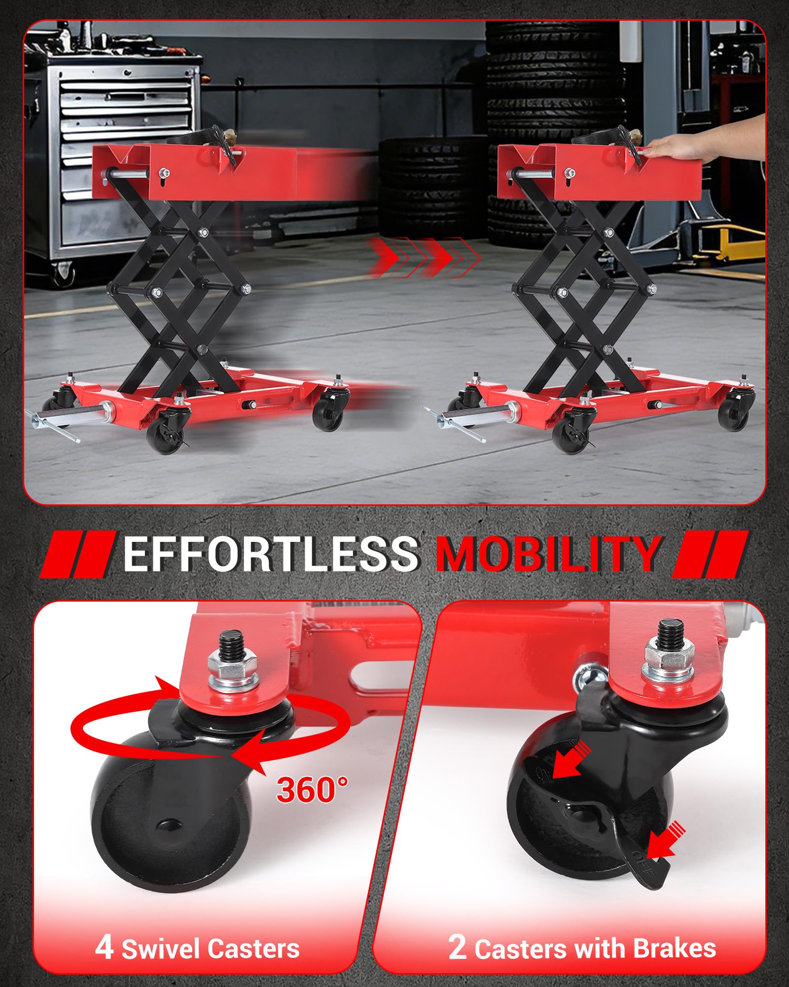 Garvee 450 lbs Low-Profile Transmission Jack, Adjustable Floor Jack with Safety Strap, Heavy-Duty Auto Repair Lifting Jack with 4 Wheels for Garage and Repair Shop, Red