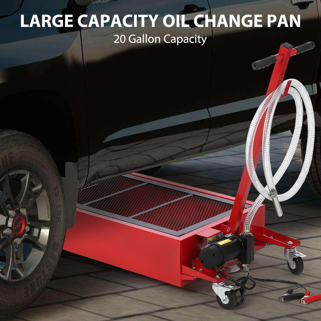 Garvee 20 Gal Oil Drain Pan with 12V Pump, Foldable T Handle, Wheels, 7.5 ft Hose, 76L Low Profile Tank for Car, Truck, Rust Resistant, Red