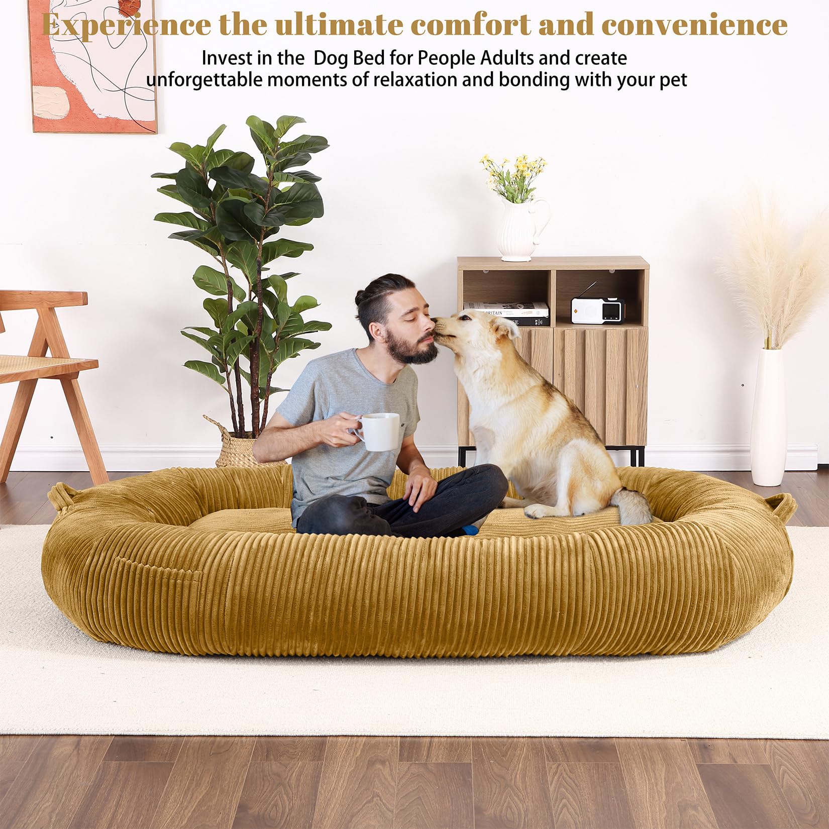 Garvee Dog Bed for Adult, Human Size Giant Dog Bed for Men and Women, 71”x48”x14” Human Dog Lazy Sofa Bed for People and Pets, Washable Strip Flannel Nap Bed Adult Oval, Human-Sized Dog Bed,Yellow