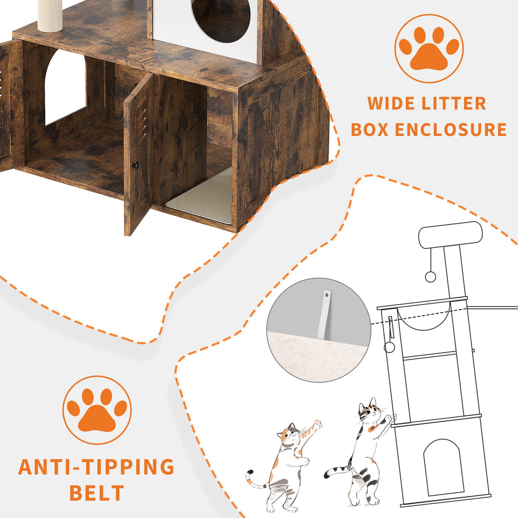 Garvee Cat Tree with Litter Box Enclosure, Sisal Scratching Post, Modern Wooden Cat Tower, Rustic Brown, Compact 31.5''x18.9''