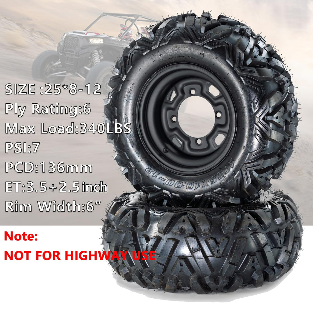 Garvee 2 PCS 25x8-12 ATV Tires With 12" Steel Wheel Rim 4 Bolt, All-Season All-Terrain For ATV UTV, 25x8-12 Size, Black