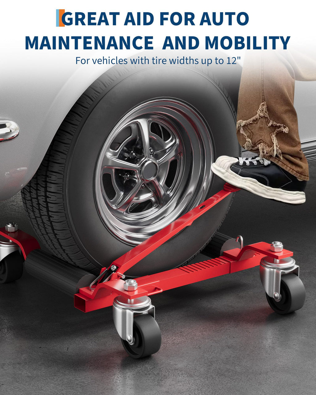 Garvee 4-Pack Heavy Duty Hydraulic Car Wheel Dolly - 1500 Lbs Capacity, Foot Pedal, Red for Auto Repair & Vehicle Moving