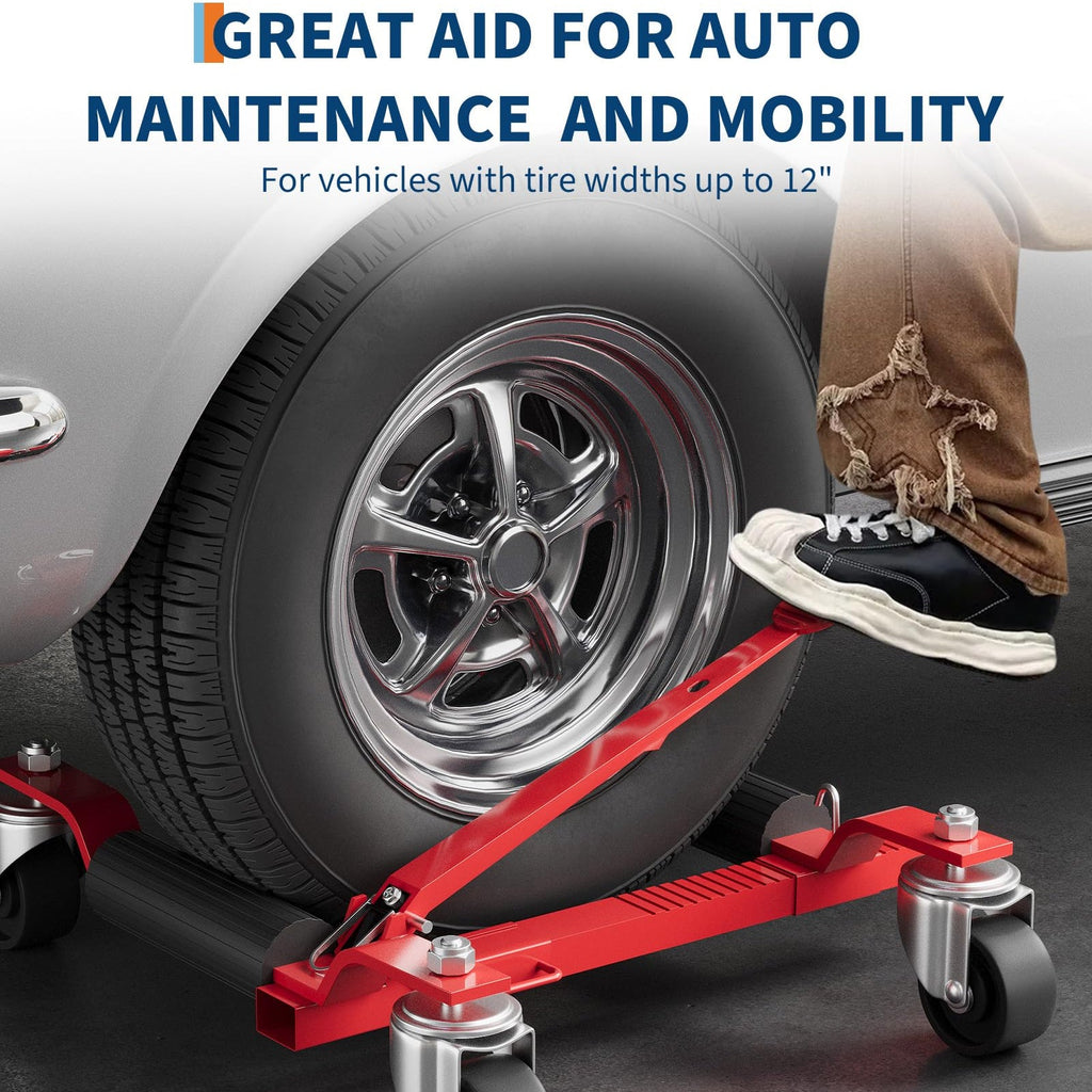 Garvee Car Wheel Dolly Jack Set of 2, Max 1500LBS Capacity, Mechanical Wheel Dolly with Ratcheting Foot Pedal, Vehicle Positioning Jack, Red, 12" Wheel Clearance