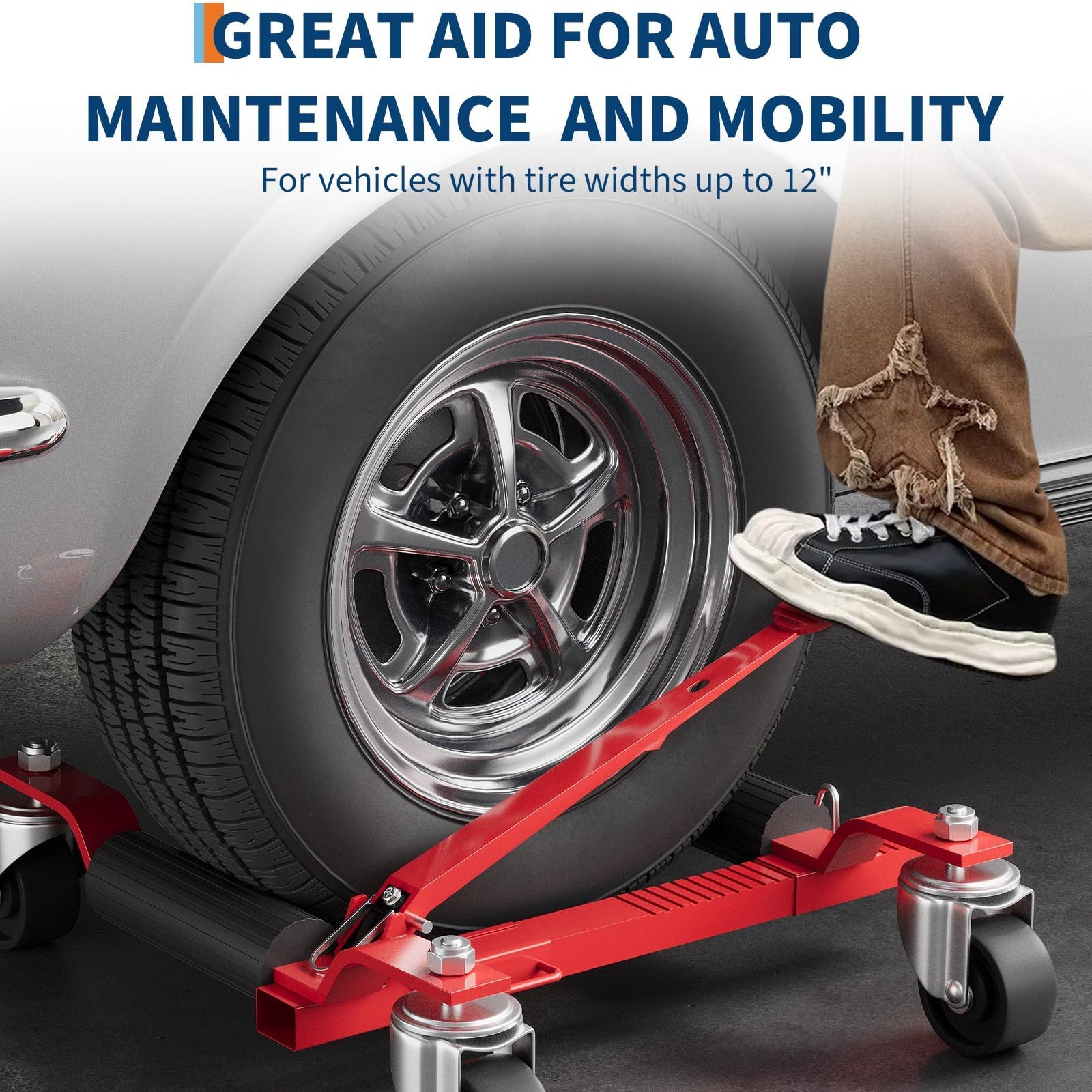 Garvee Car Wheel Dolly Jack Set of 2, Max 1500LBS Capacity, Mechanical Wheel Dolly with Ratcheting Foot Pedal, Vehicle Positioning Jack, Red, 12" Wheel Clearance