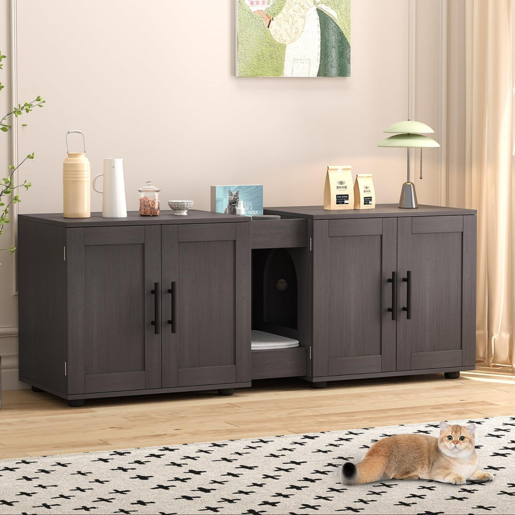 Garvee Hidden Litter Box Enclosure for 2 Cats, Double Room Cat Furniture Cabinet with Storage Groove & Odor-Reducing Mat, Wooden Cat Washroom Bench for Living Room, Dark Walnut