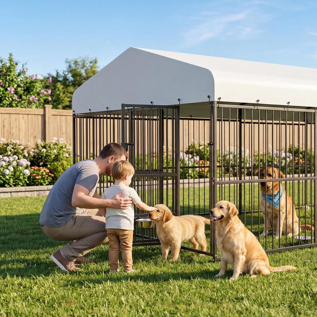 Garvee Outdoor Heavy Duty Large Dog Kennel, Walk-in Dog Cage with Metal Gate & Secure Lock, Large Dog Enclosure with Waterproof Roof, Includes Feeding Doors & Bowls for Backyard, 10x15x6 ft