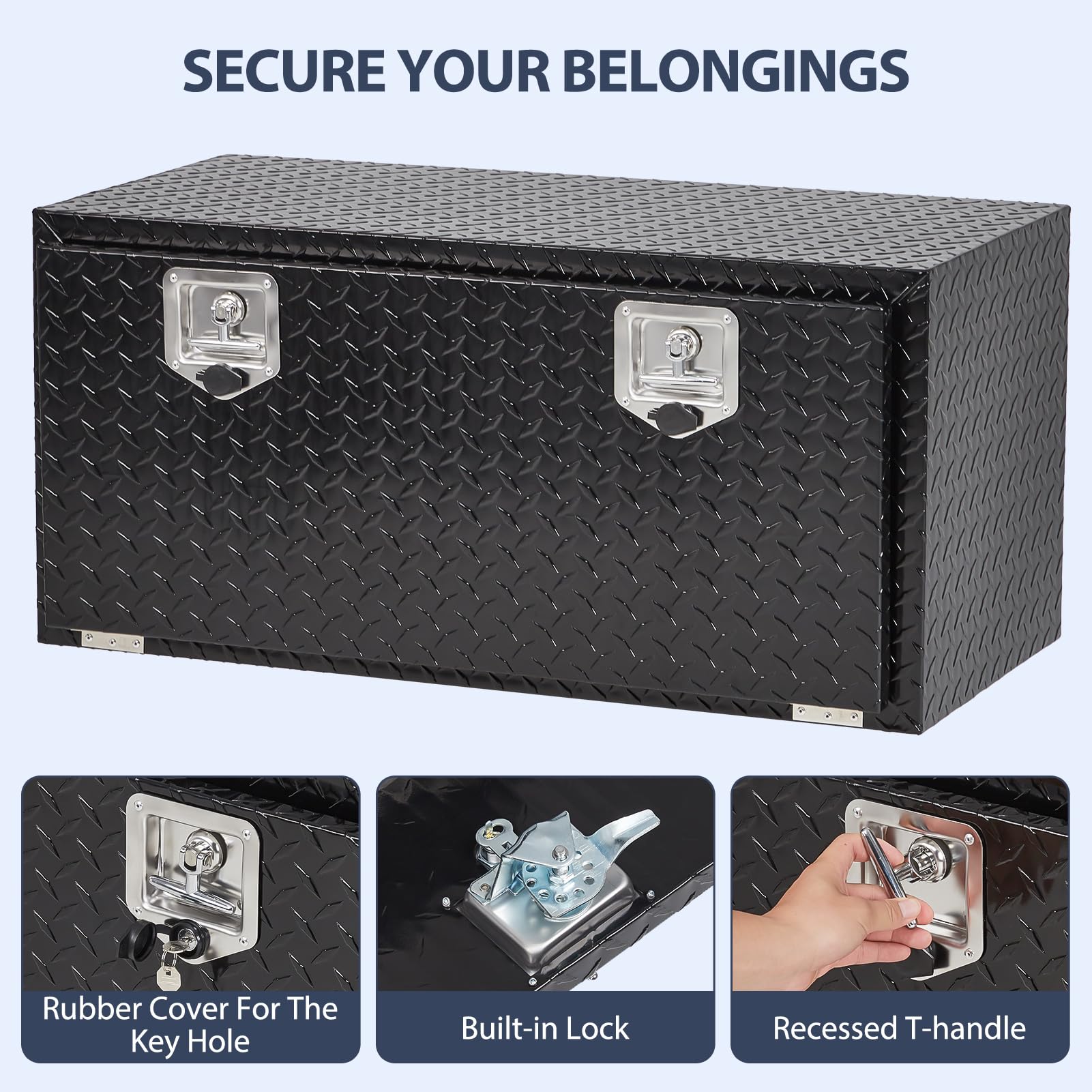 Garvee Aluminum Underbody Truck Box with T-Handle Latch, Waterproof Truck Storage Organizer Chest For Pick Up, RV Trailer, Durable Truck Side Tool Box with a Mesh Pocket-Black