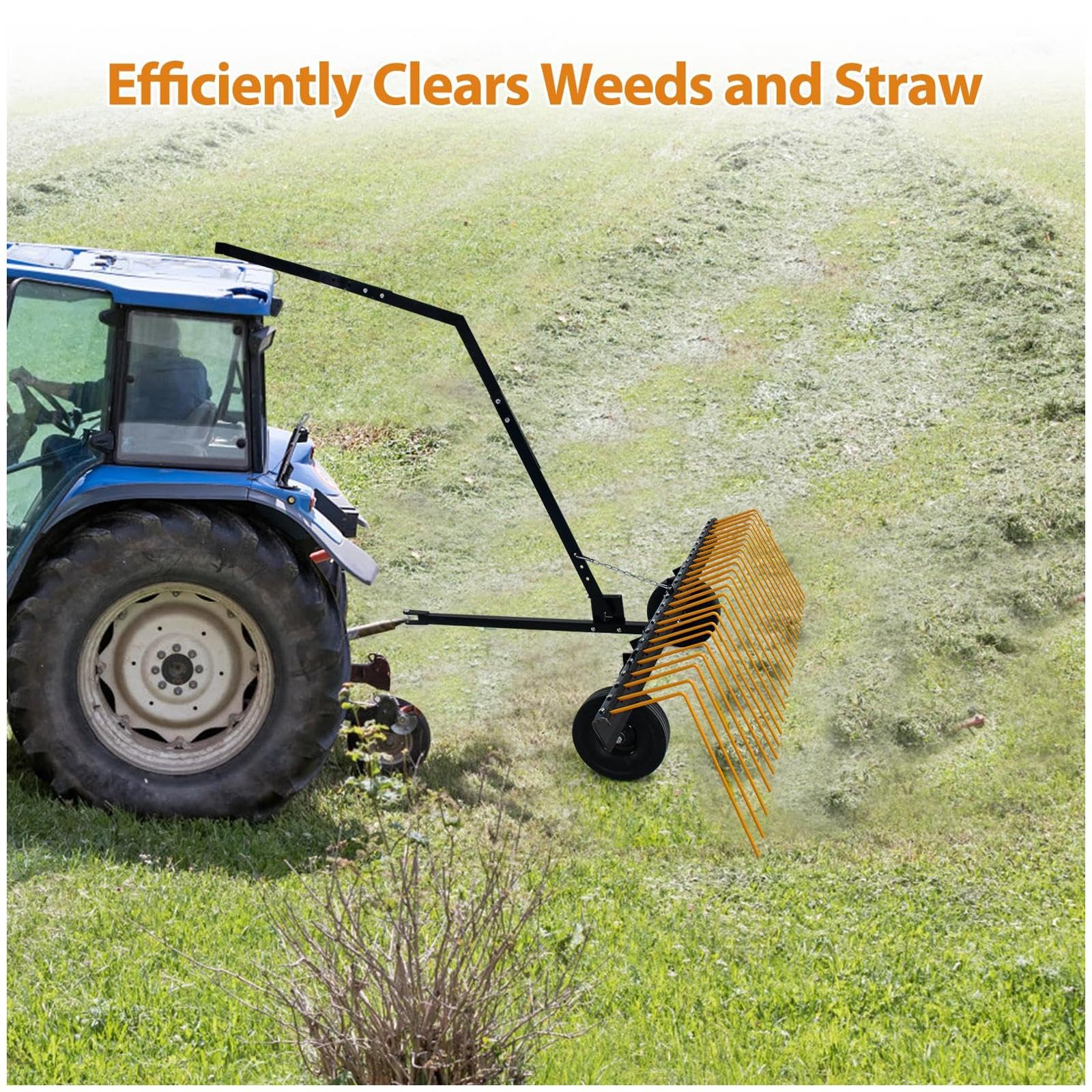 Garvee 60 Inch ATV Tow Behind Durable Corrosion Resistant Steel Pine Straw Rake, Landscape Rake, Dethatcher Rake for Tractor